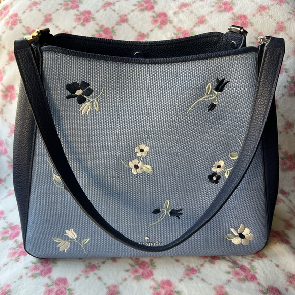Kate Spade Navy Pebbled Leather Floral Embroidered Shoulder Bag - Picture 1 of 9